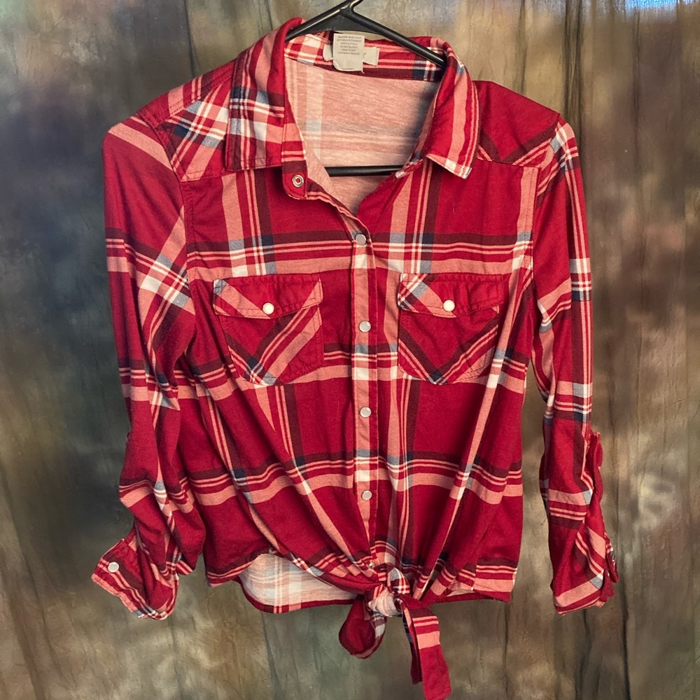 Red Flannel Button Up and ties in the front/bottom
